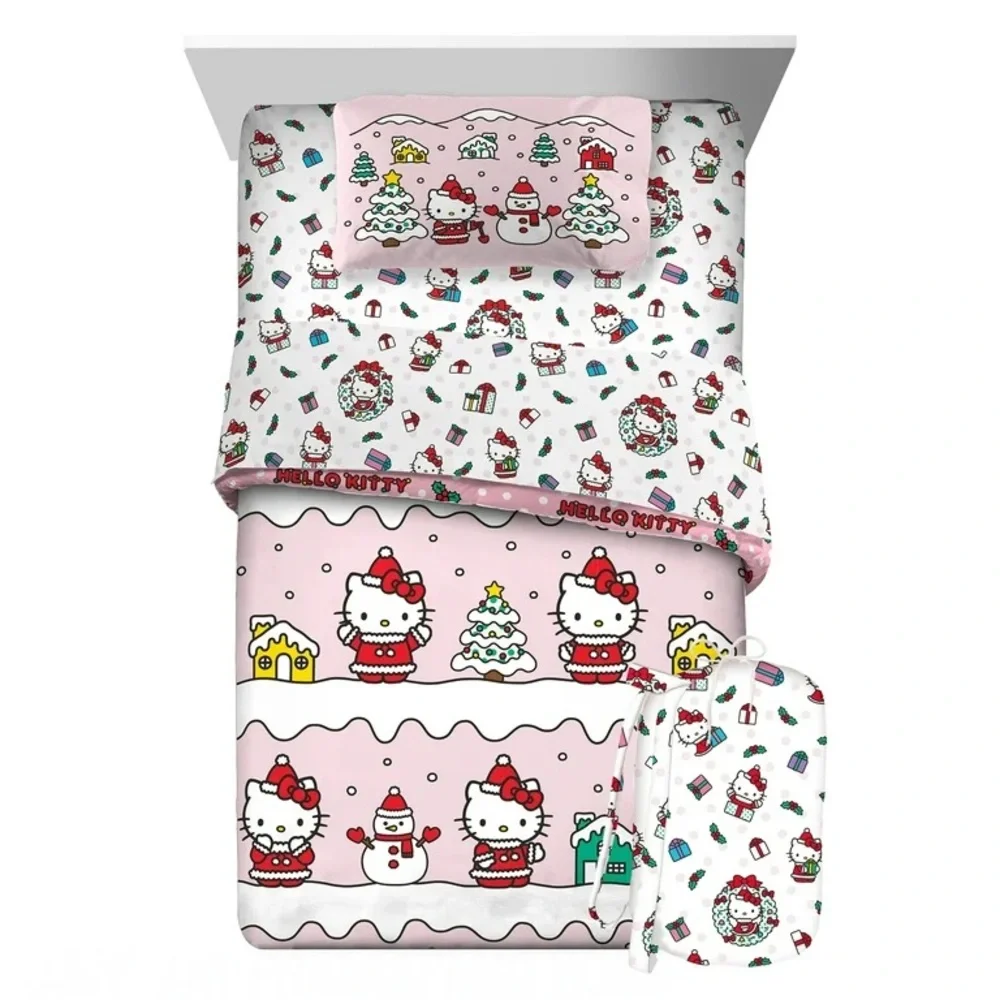 Hello Kitty Holiday Kids 5 Piece Reversible Comforter, Bed in a Bag, Twin NEW